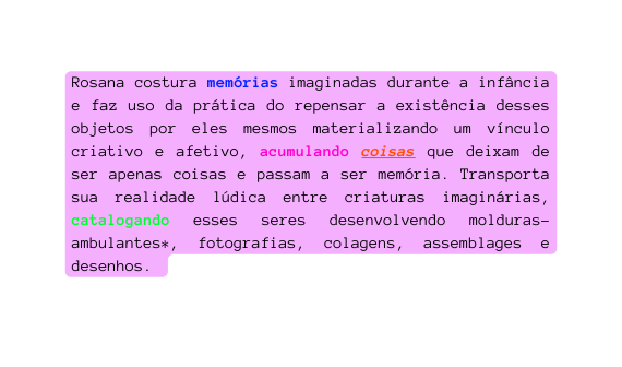 Rosana costura memórias imaginadas durante a infância e faz uso da prática do repensar a existência desses objetos por eles mesmos materializando um vínculo criativo e afetivo acumulando coisas que deixam de ser apenas coisas e passam a ser memória Transporta sua realidade lúdica entre criaturas imaginárias catalogando esses seres desenvolvendo molduras ambulantes fotografias colagens assemblages e desenhos